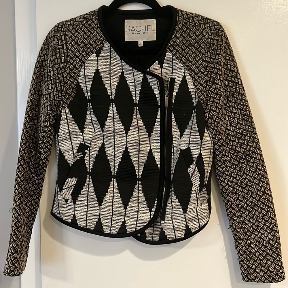 Rachel Roy asymmetrical zip patterned blazer